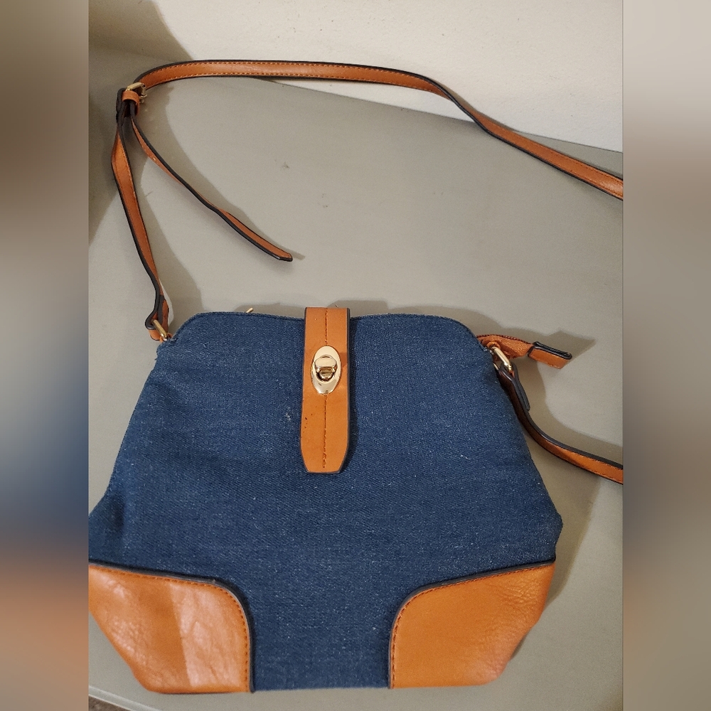 Crossbody Denim and Tan Leather Accent Bag